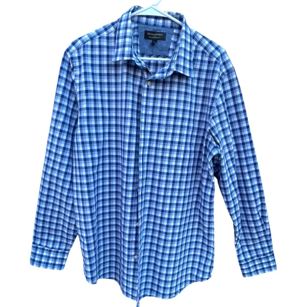 Banana Republic Men’s L Button Down Shirt Blue Check Soft-Wash Standard Fit Exce - Picture 4 of 9
